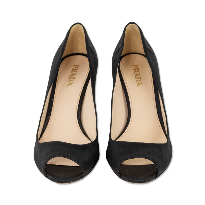 Prada Calzature Donna Black Silk Twill Peep Toe Pumps