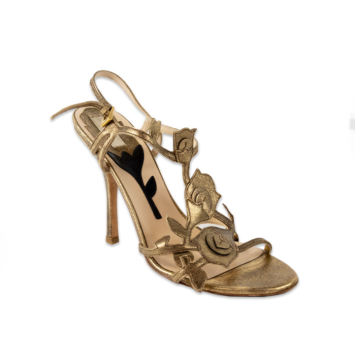 Prada Gold Leather Floral Brocade Heels