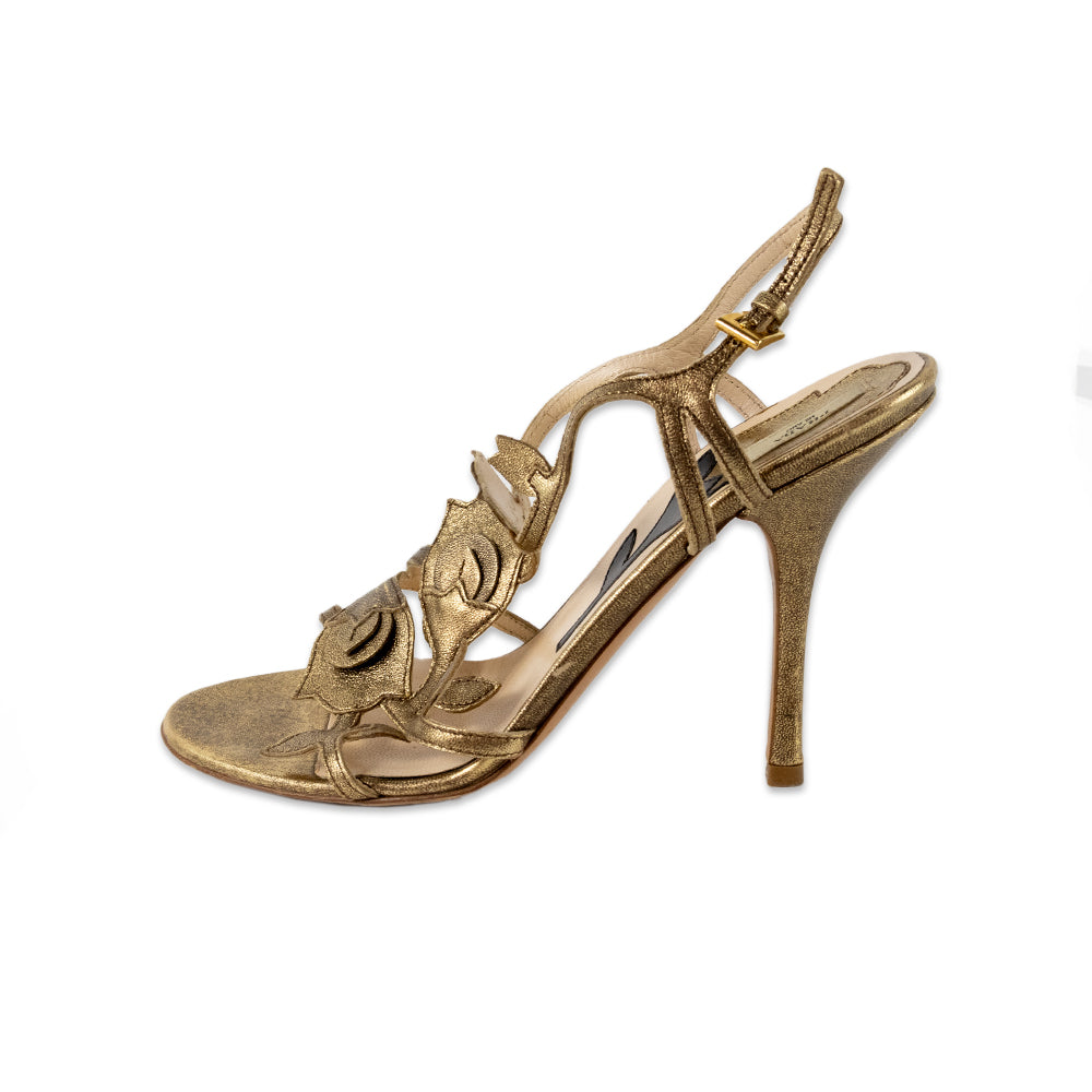 Prada Gold Leather Floral Brocade Heels