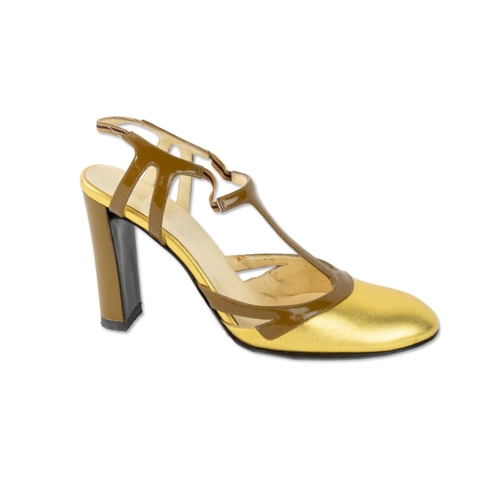 Prada Gold T- Strap Round Toe Heels