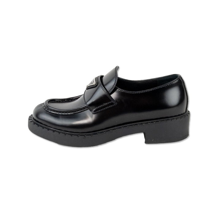 Prada Black Leather Lug Sole Logo Loafers