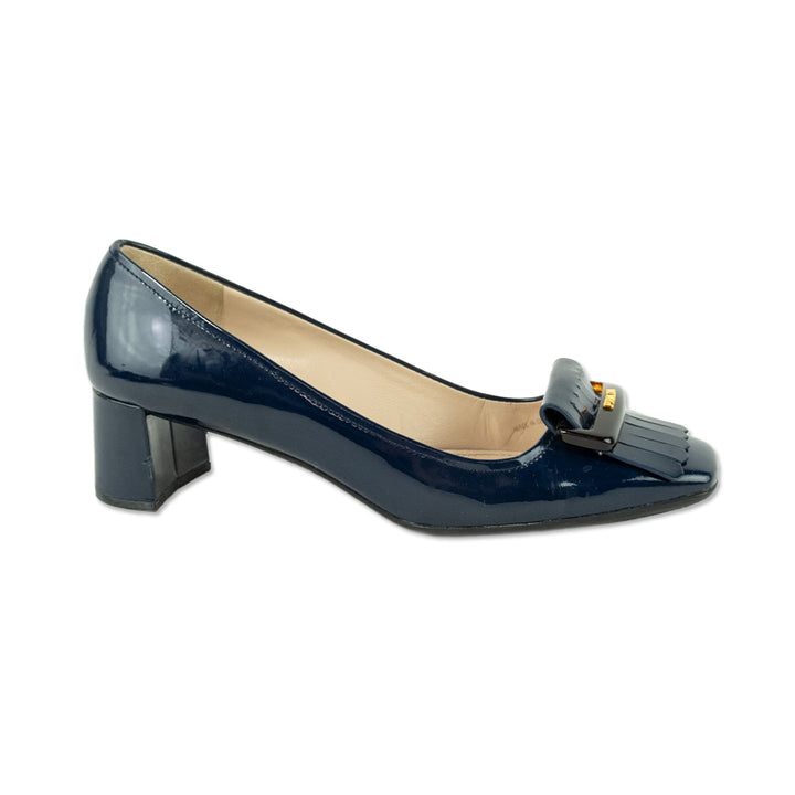 Prada Navy Patent Leather Kiltie Pumps