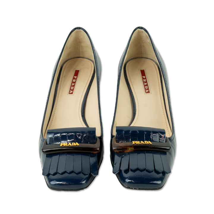 Prada Navy Patent Leather Kiltie Pumps