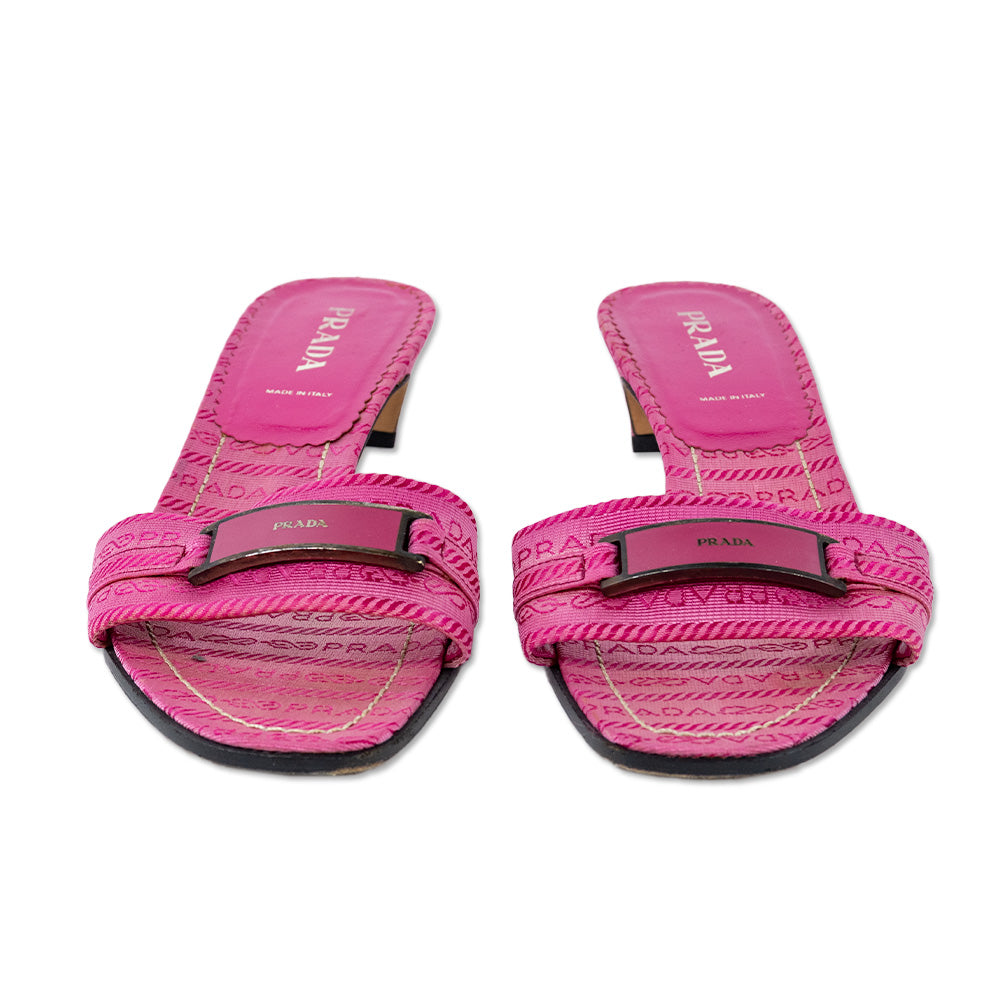 Prada Pink Canvas Logo Plaque Heeled Sandals