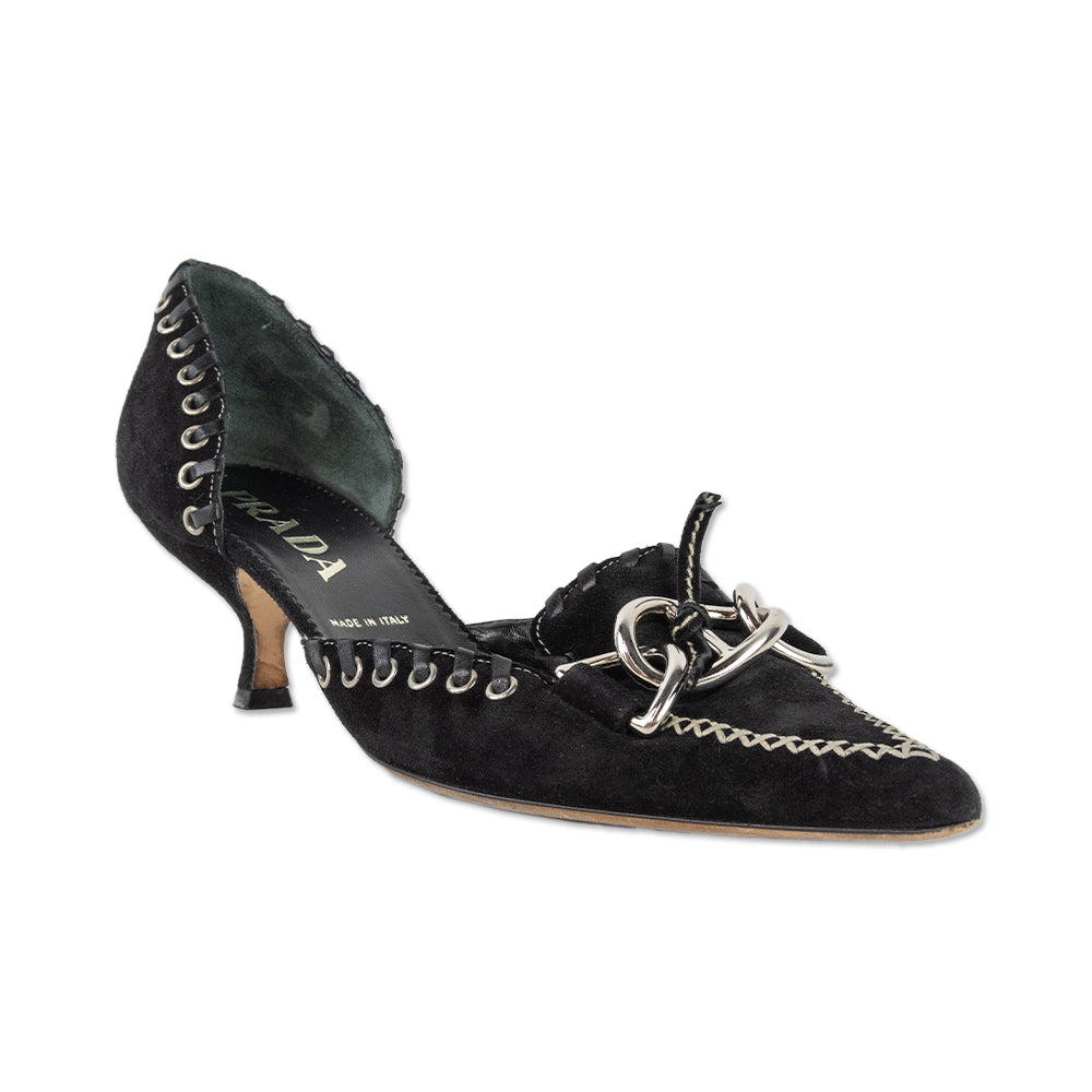 Prada Pointed Toe Silver Buckle 
Grommet Black Suede Kitten Heel