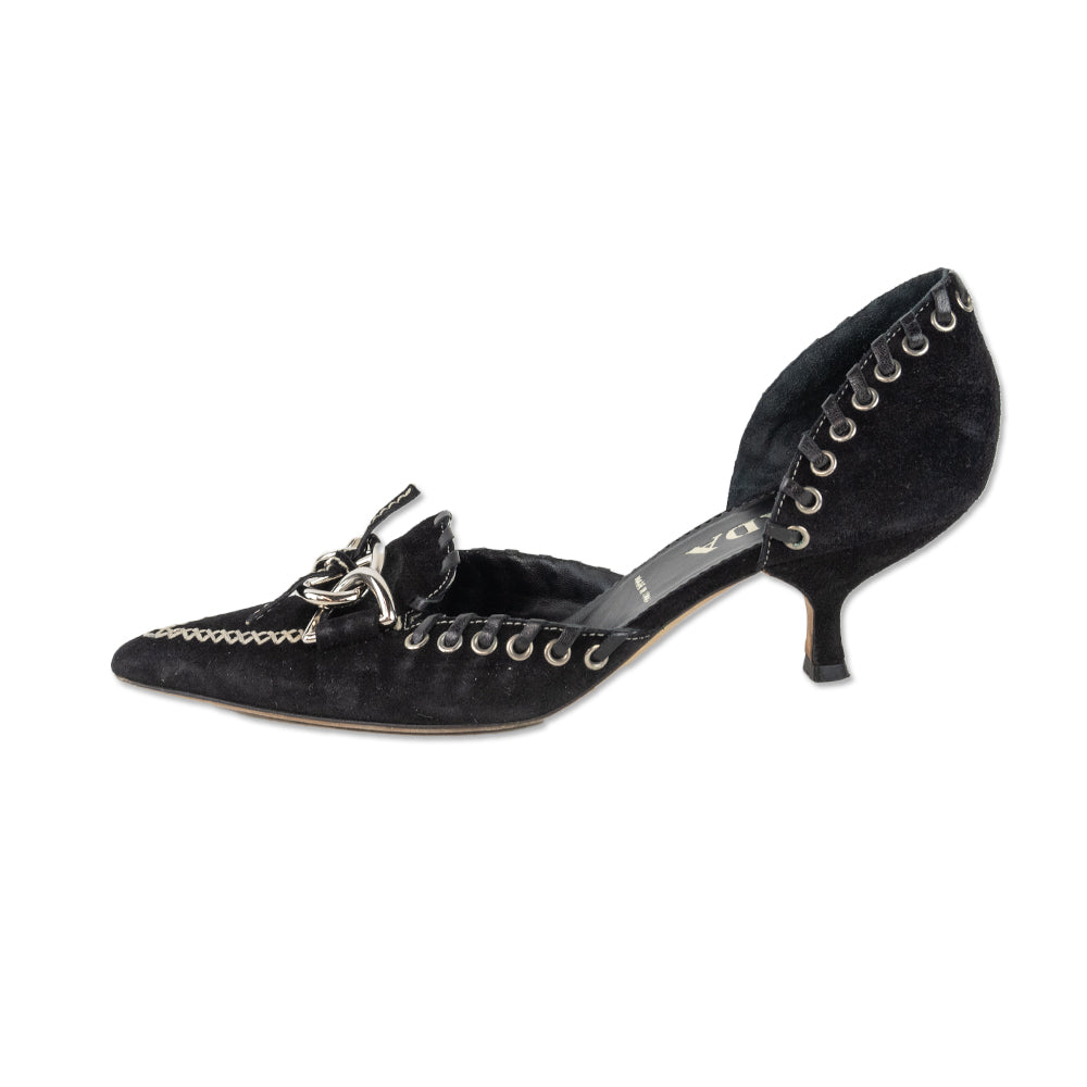 Prada Pointed Toe Silver Buckle 
Grommet Black Suede Kitten Heel