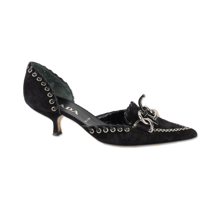 Prada Pointed Toe Silver Buckle 
Grommet Black Suede Kitten Heel