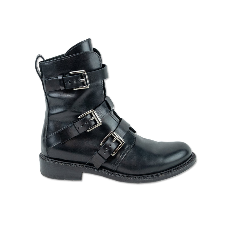 Rag 
Bone Black Leather Silver Buckle Biker Boots