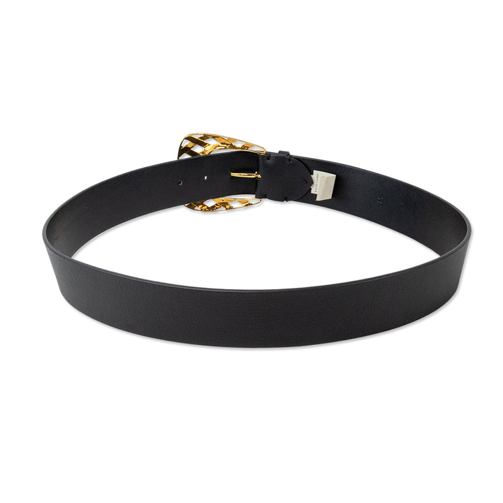 Ralph Lauren Black Leather Woven Gold Buckle Belt