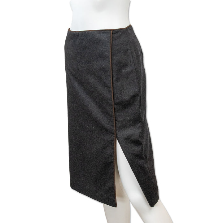 Ralph Lauren Charcoal Wool Midi Skirt with Brown Suede Piping