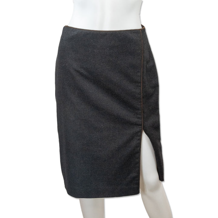 Ralph Lauren Charcoal Wool Midi Skirt with Brown Suede Piping