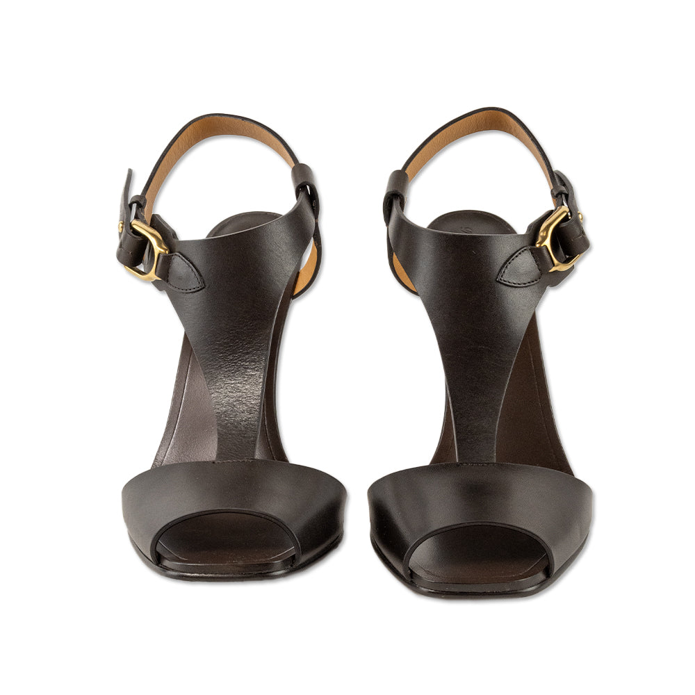 Ralph Lauren Chocolate Brown Leather T-Strap Heels with Gold Buckles