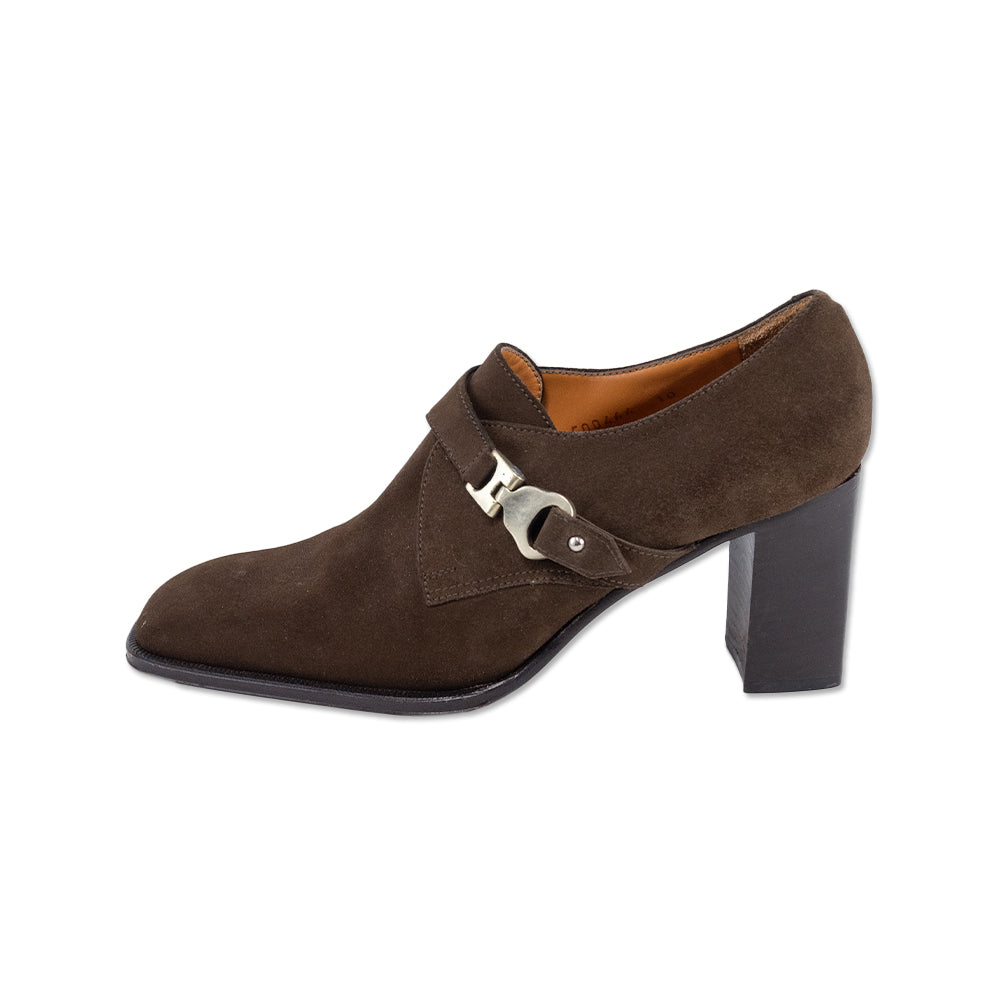 Ralph Lauren Collection Brown Suede Monk Strap Block Heel Pumps