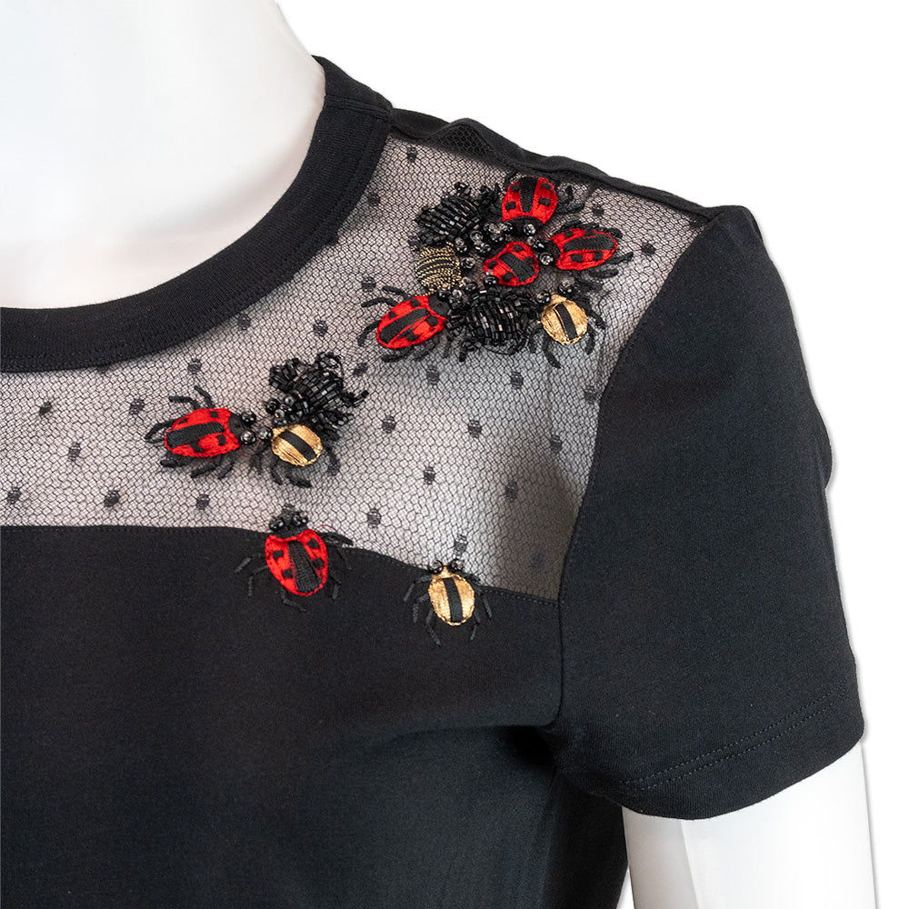 Red Valentino Black Beaded Lady Bug Mesh Short Sleeve Top