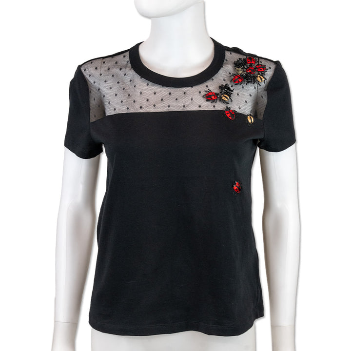 Red Valentino Black Beaded Lady Bug Mesh Short Sleeve Top