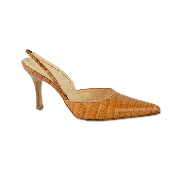 René Caovilla Croc Tan Leather Slingback Pumps