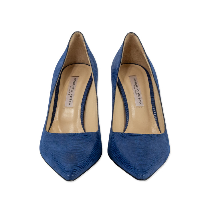 Roberto Festa Blue Embossed Leather Pointed Toe Heels