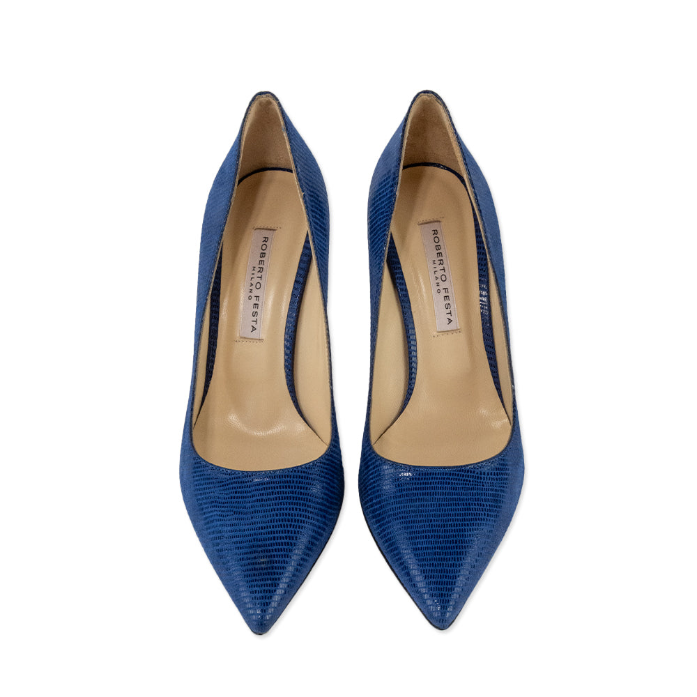 Roberto Festa Blue Embossed Leather Pointed Toe Heels