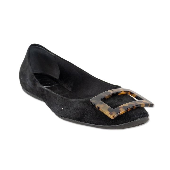 Roger Vivier Black Suede Gommettine Turtle Buckle Flats