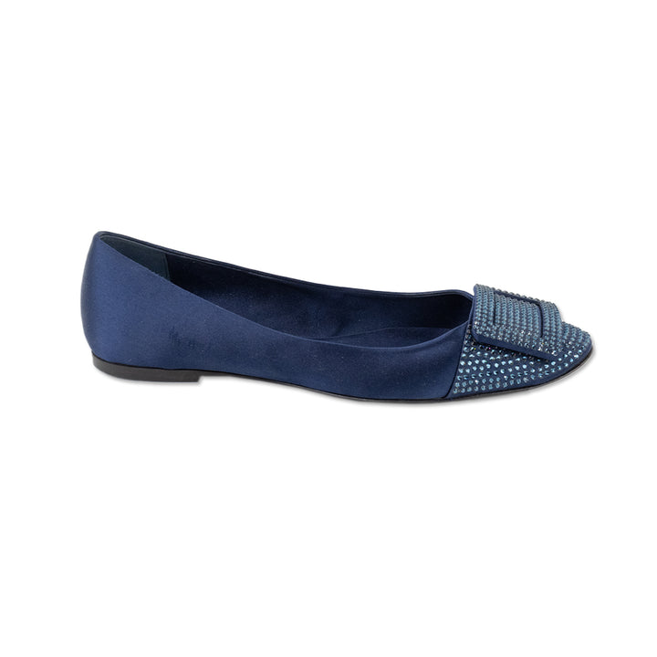 Roger Vivier Navy Satin Round Toe Flats with Crystal Cap Toe