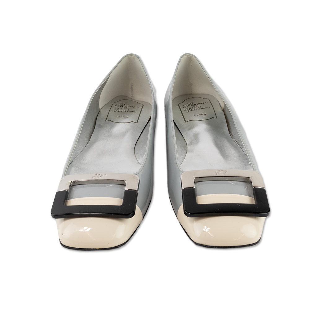 Roger Vivier Patent Leather Blue and White Flats with Square Buckle