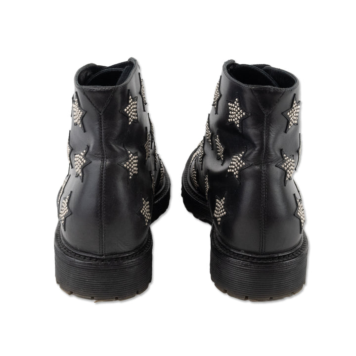 Saint Laurent Black Leather Lace up Star Studded Boots