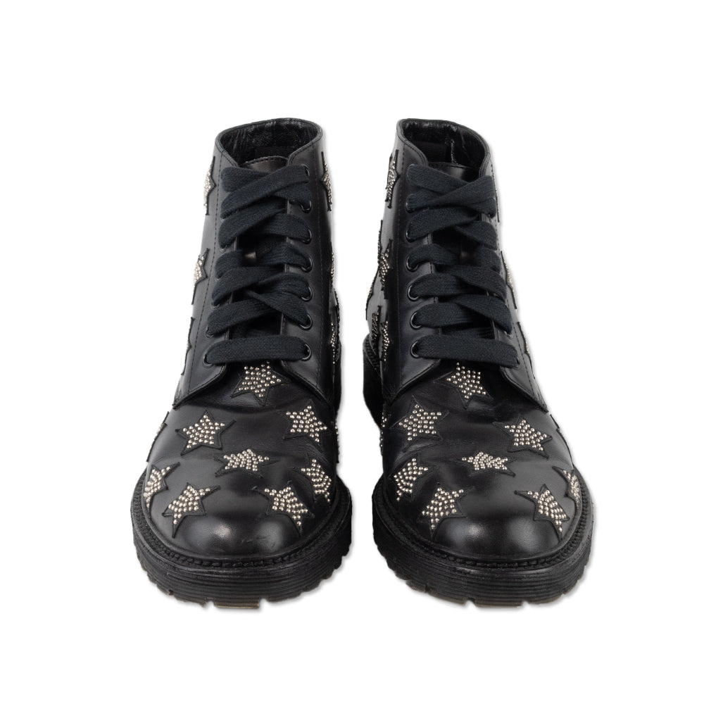 Saint Laurent Black Leather Lace up Star Studded Boots