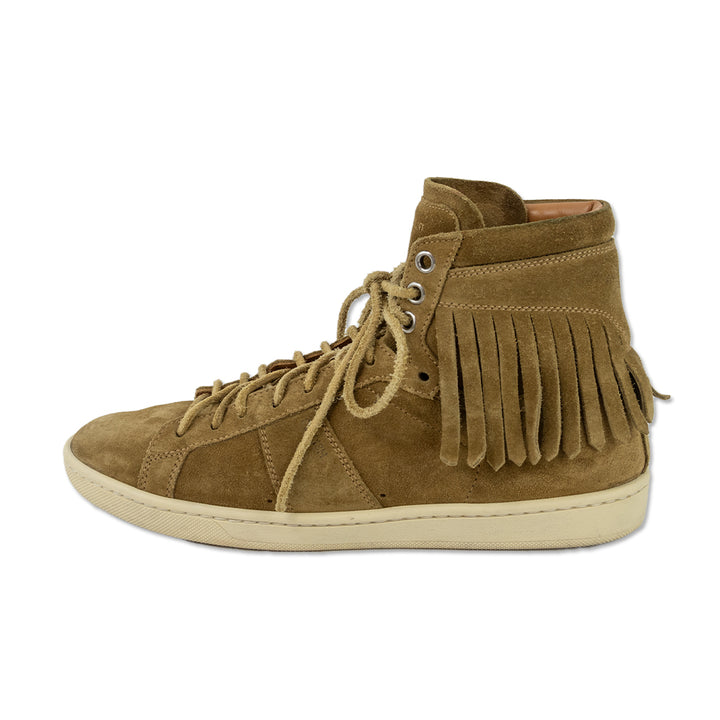 Saint Laurent Tan Suede Fringe High Top Sneakers