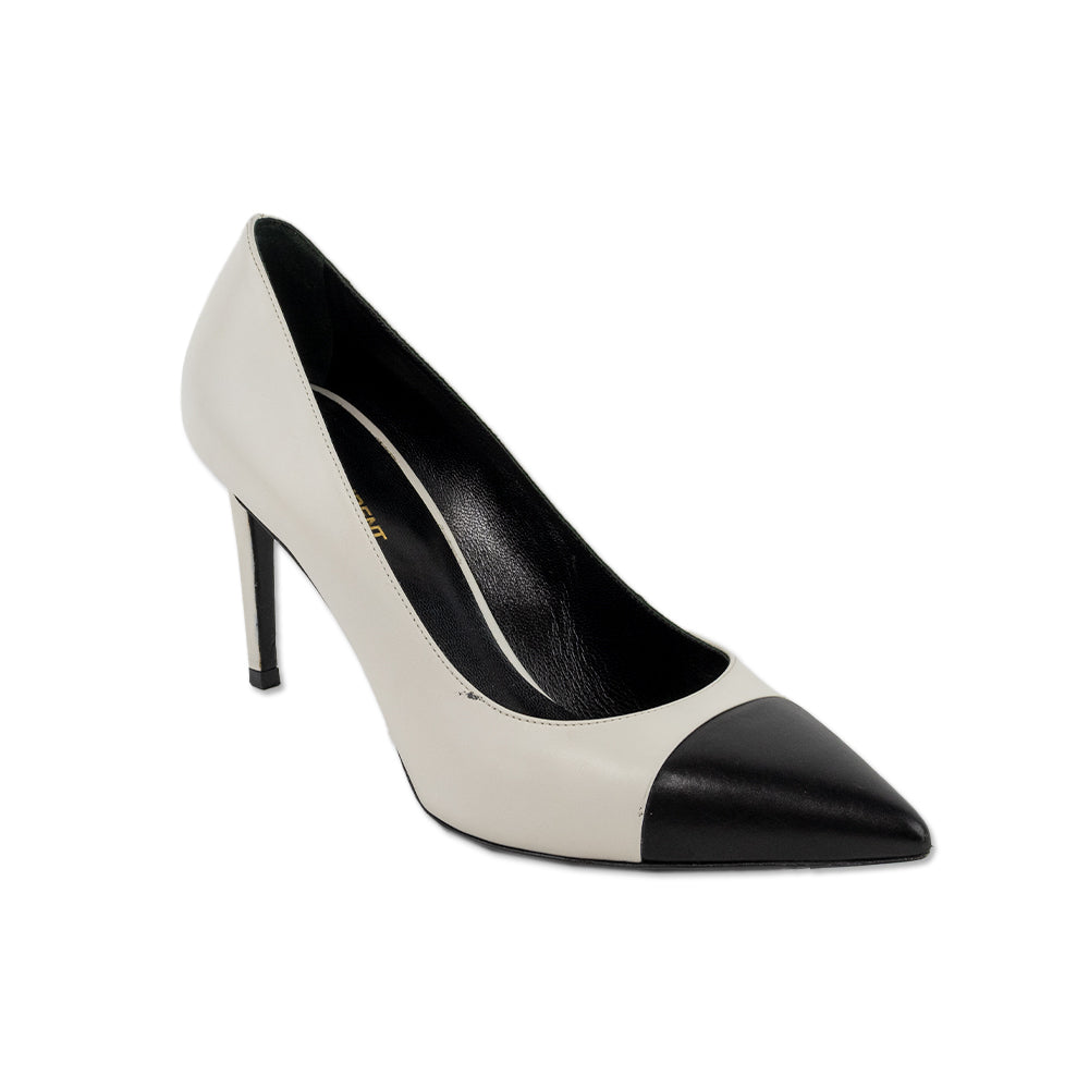 Saint Laurent White Leather Pointed Toe Pumps with Black Toe Cap