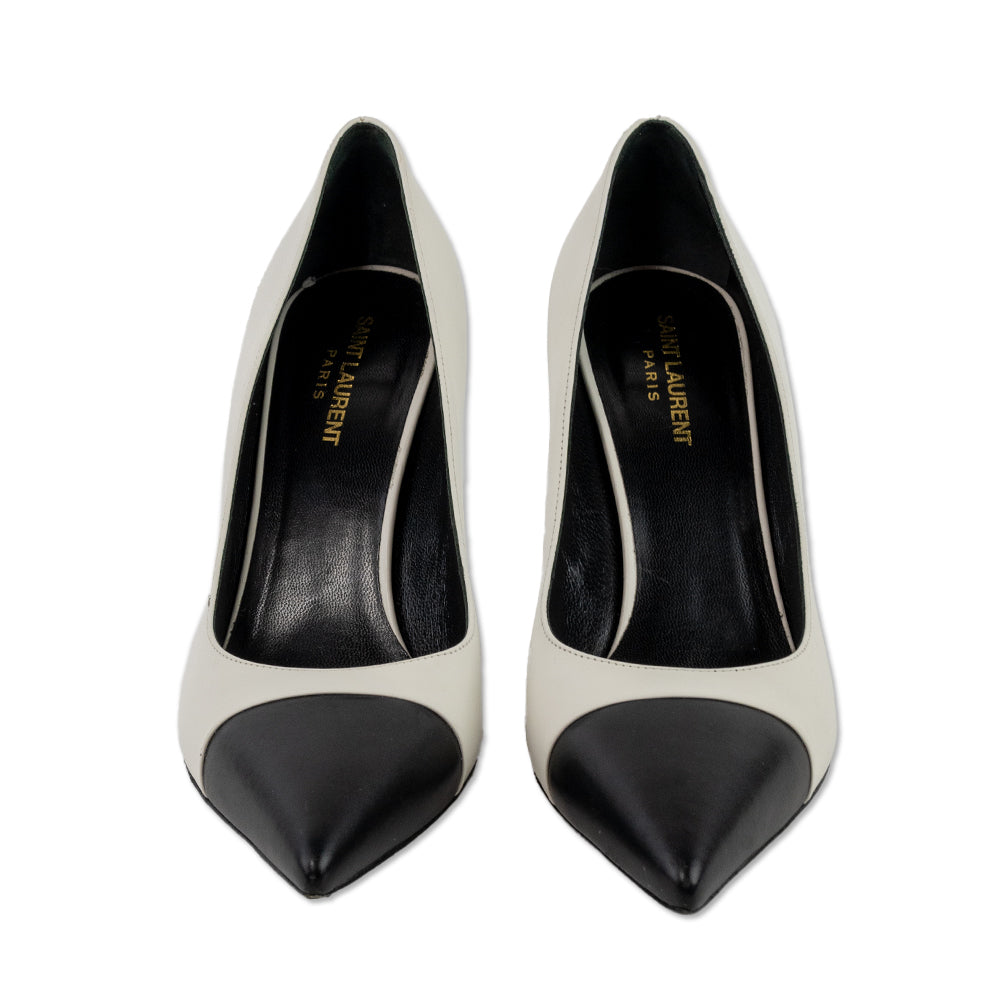 Saint Laurent White Leather Pointed Toe Pumps with Black Toe Cap