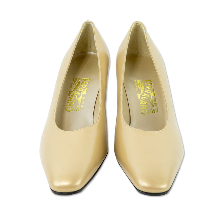 Salvatore Ferragamo Gold Leather Almond Toe Pumps