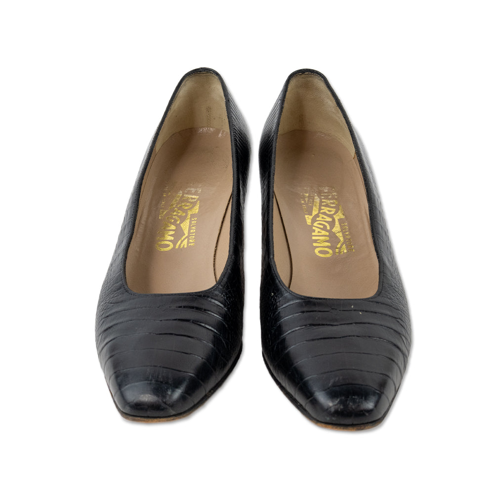 Salvatore Ferragamo Black Embossed Leather Heeled Almond Toe Loafers