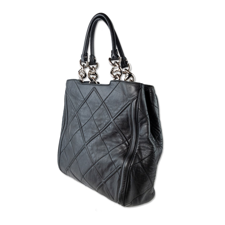 Salvatore Ferragamo Black Leather Quilted Tote with Silver Chain Accent