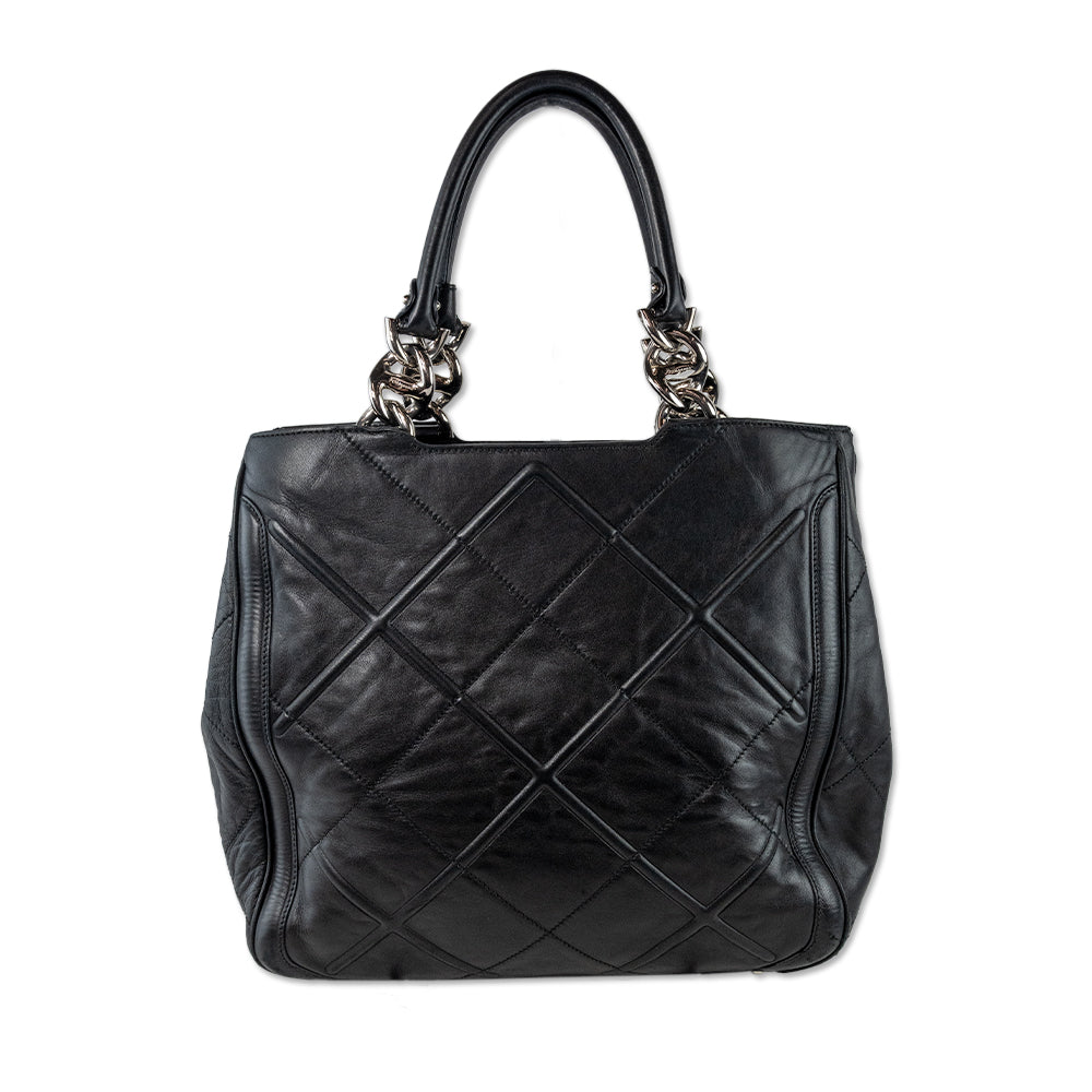 Salvatore Ferragamo Black Leather Quilted Tote with Silver Chain Accent