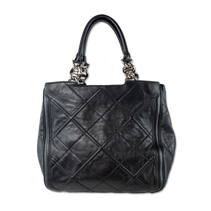 Salvatore Ferragamo Black Leather Quilted Tote with Silver Chain Accent