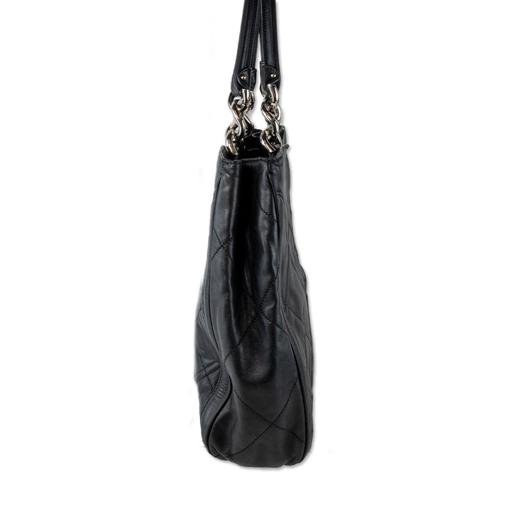 Salvatore Ferragamo Black Leather Quilted Tote with Silver Chain Accent