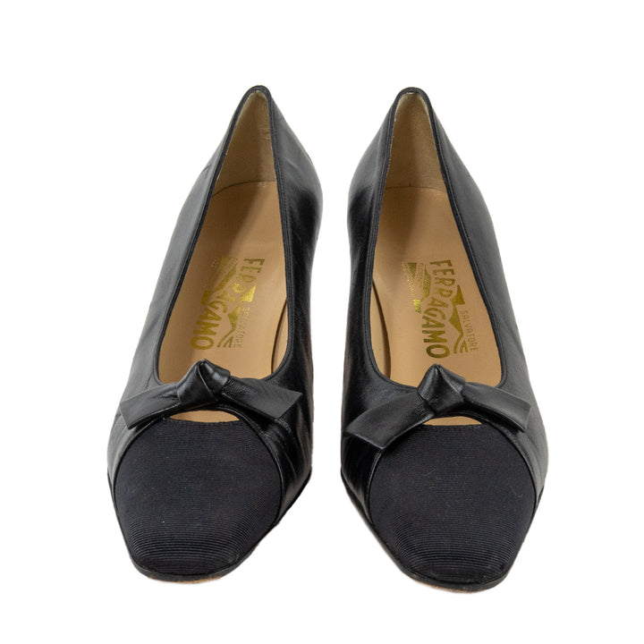 Salvatore Ferragamo Black Leather and Canvas Bow Accented Heels