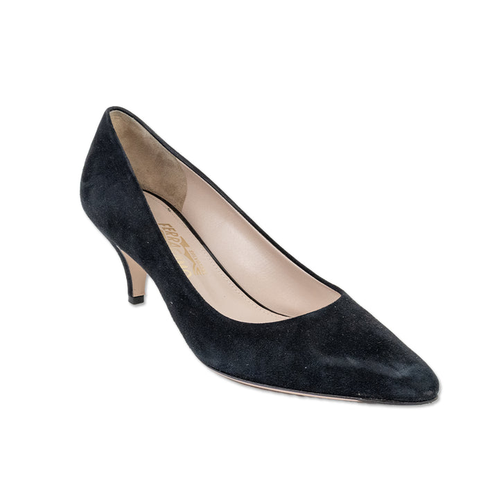 Salvatore Ferragamo Black Suede Pointed Toe Kitten Heels