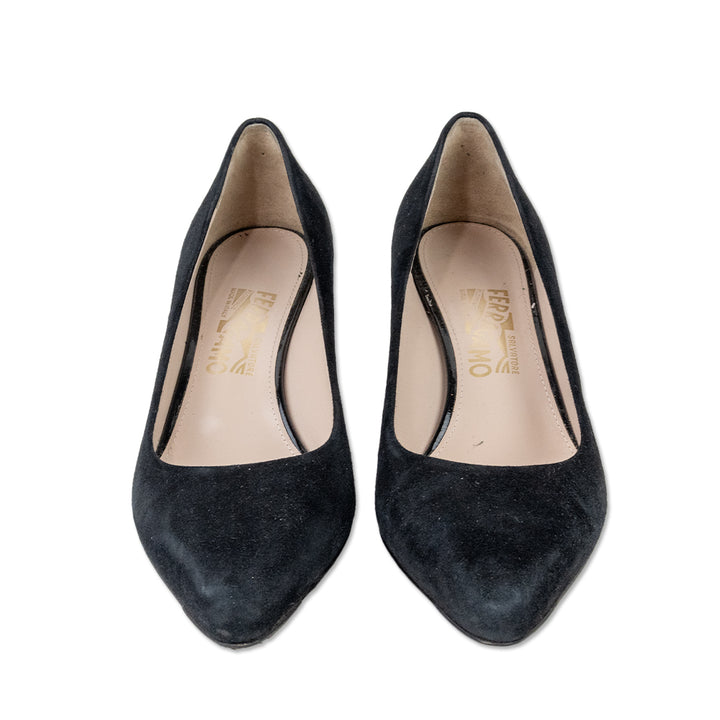 Salvatore Ferragamo Black Suede Pointed Toe Kitten Heels