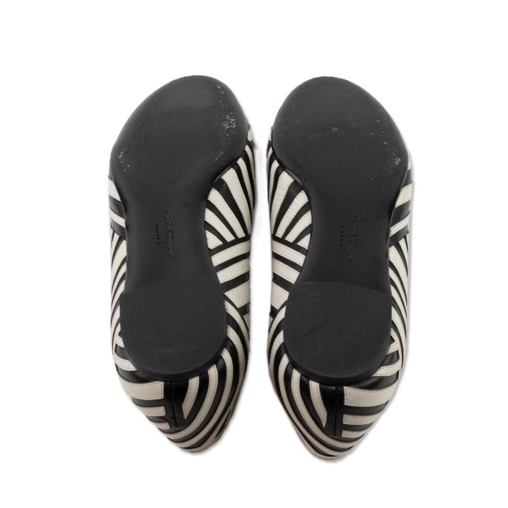 Salvatore Ferragamo Black and White Leather Striped Round Toe Flats