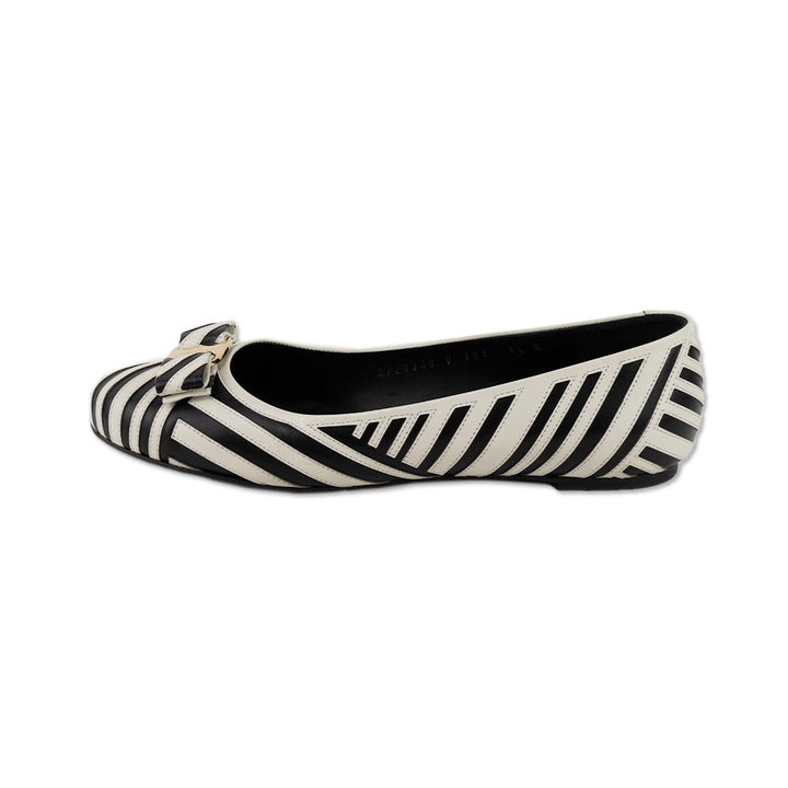 Salvatore Ferragamo Black and White Leather Striped Round Toe Flats