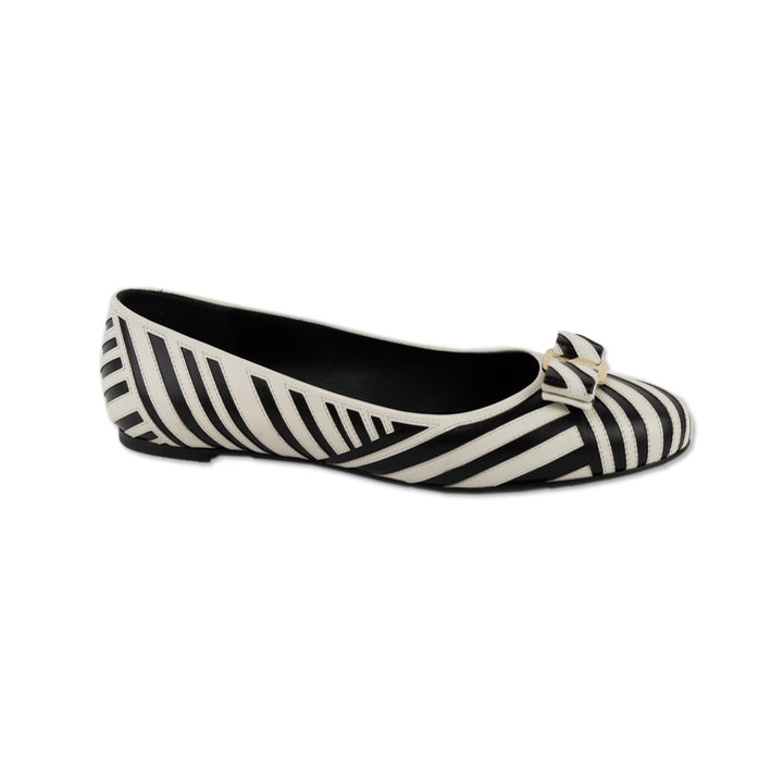 Salvatore Ferragamo Black and White Leather Striped Round Toe Flats