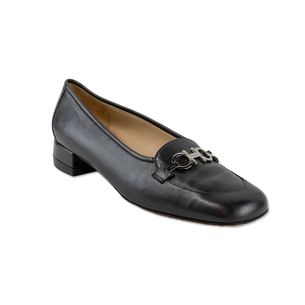 Salvatore Ferragamo Classic Black Leather Loafers with Silver Buckles