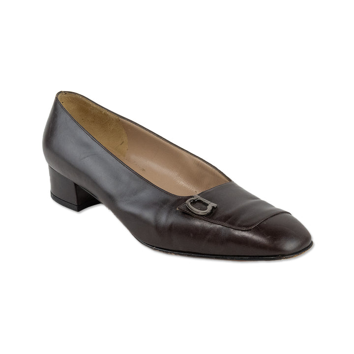 Salvatore Ferragamo Brown Leather Round Toe Loafers with Silver Buckles