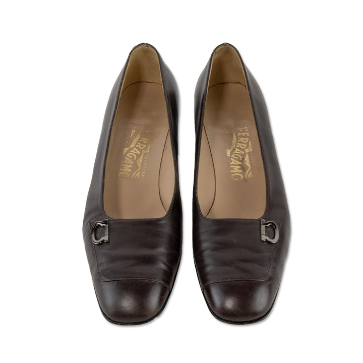 Salvatore Ferragamo Brown Leather Round Toe Loafers with Silver Buckles