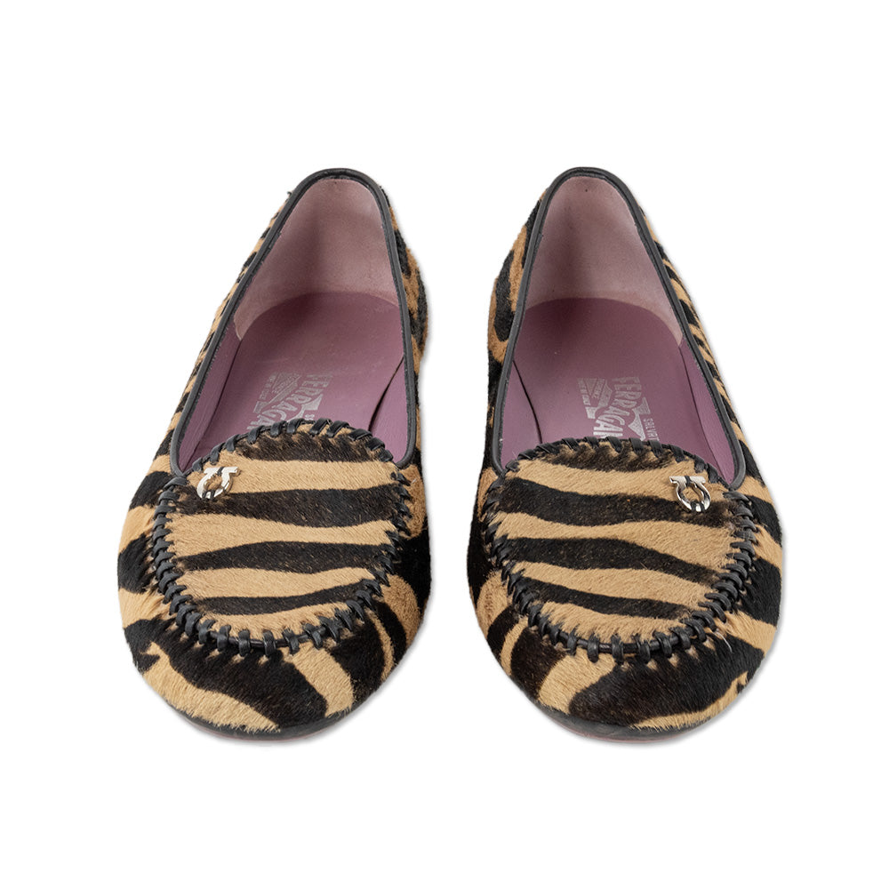 Salvatore Ferragamo Calf Hair Animal Print Round Toe Loafers