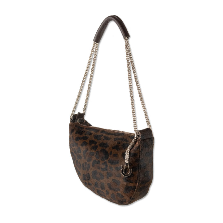 Salvatore Ferragamo Calf Hair Cheetah Print Shoulder Bag with Silver Chain