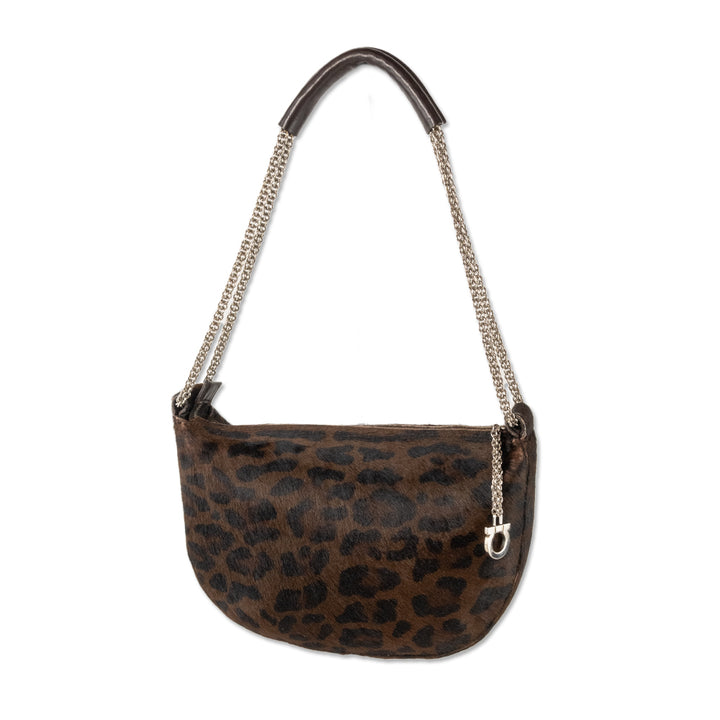 Salvatore Ferragamo Calf Hair Cheetah Print Shoulder Bag with Silver Chain