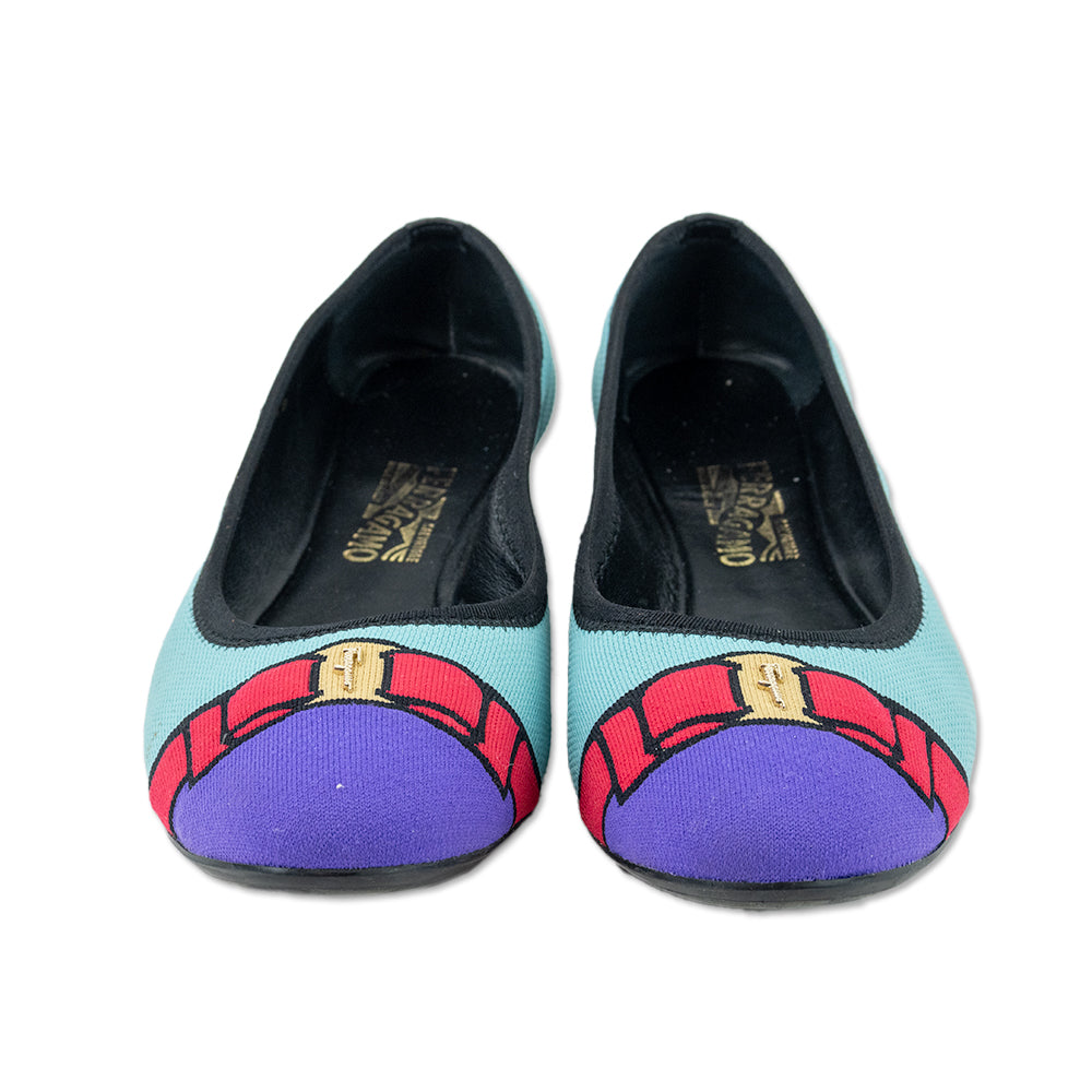 Salvatore Ferragamo Teal Fabric Ballet Flats with Purple Cap Toe