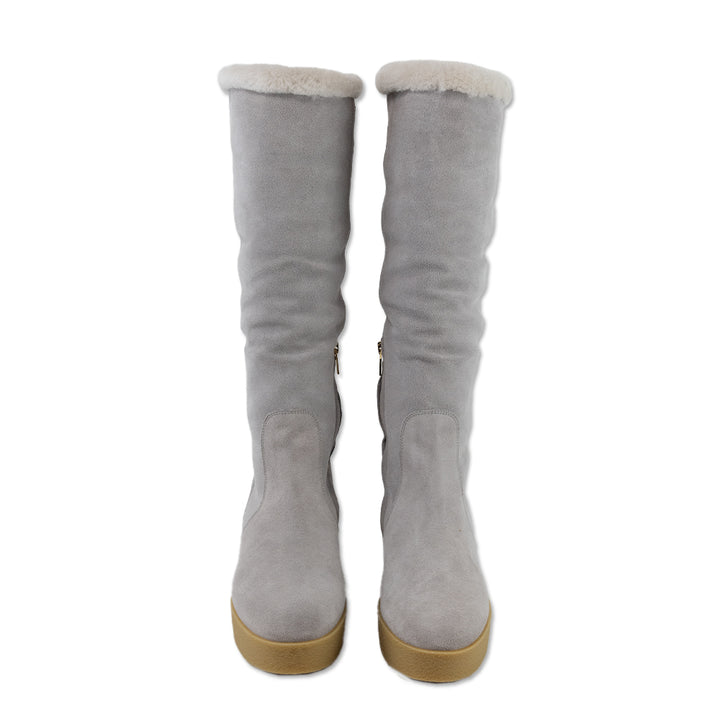 Salvatore Ferragamo Grey Suede Shearling-Lined Knee High Boots